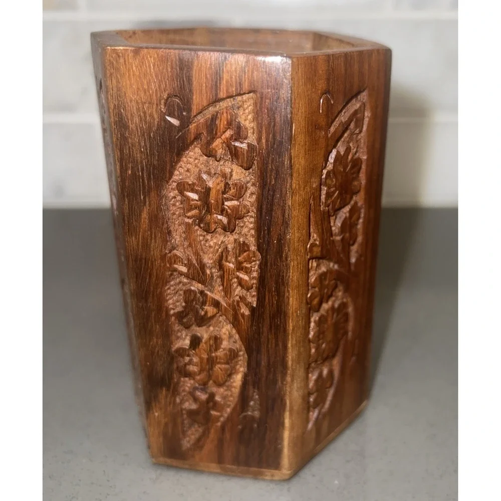 Vintage Wooden Hexagon Hand Carved Pencil Holder Decorative Collectible 4
